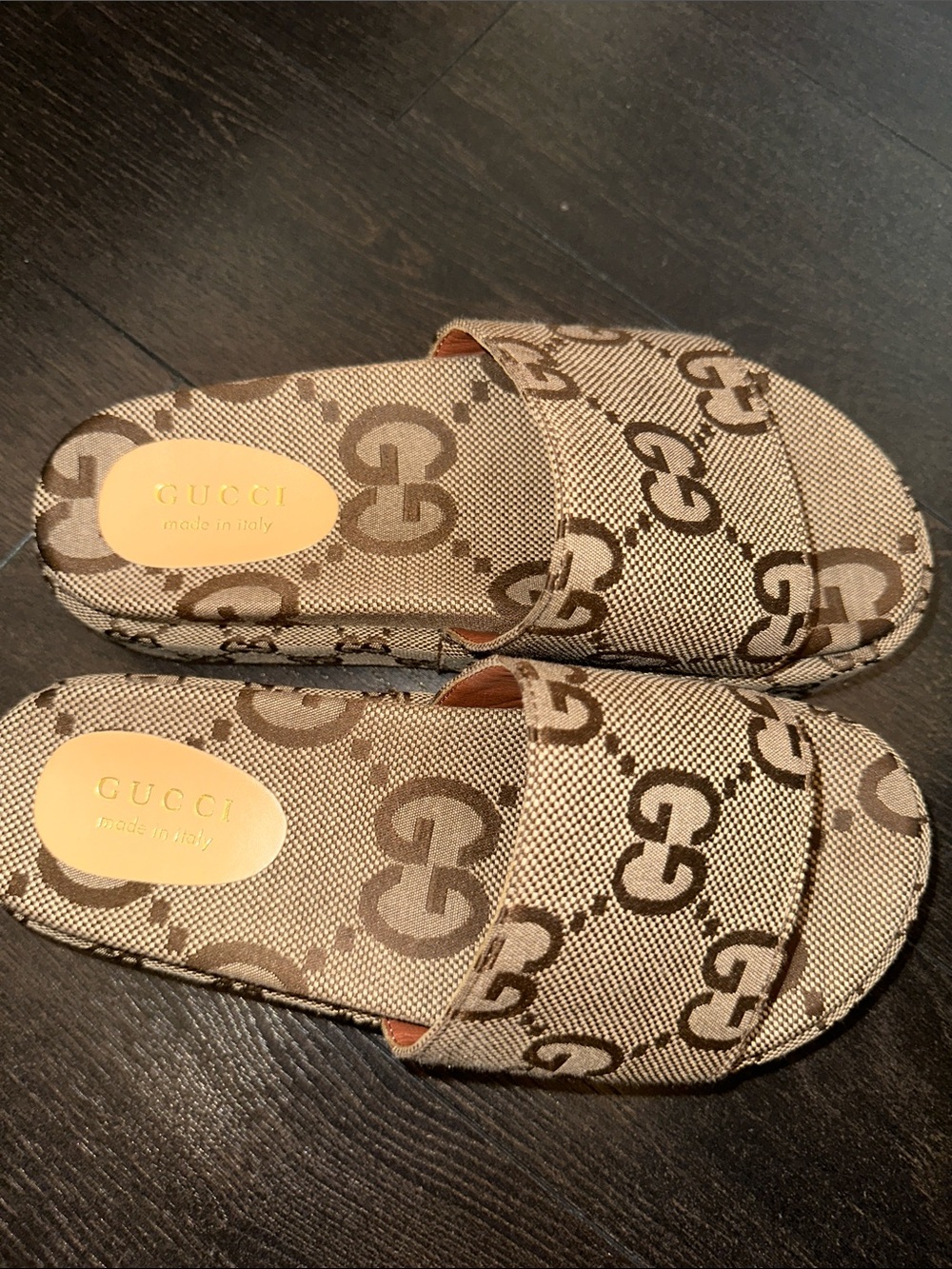 Like new Brown Beige GG Monogram Slide Sandals - Picture 3 of 6